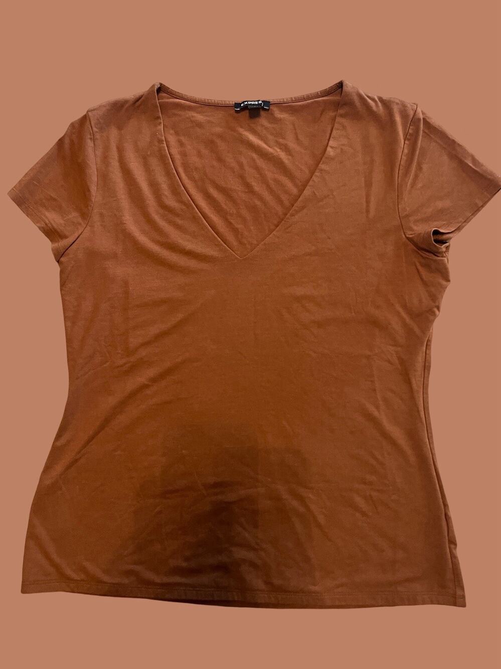 EXPRESS Short Sleeve Body Contour V-Neck Tee, Brown| Women’s: L